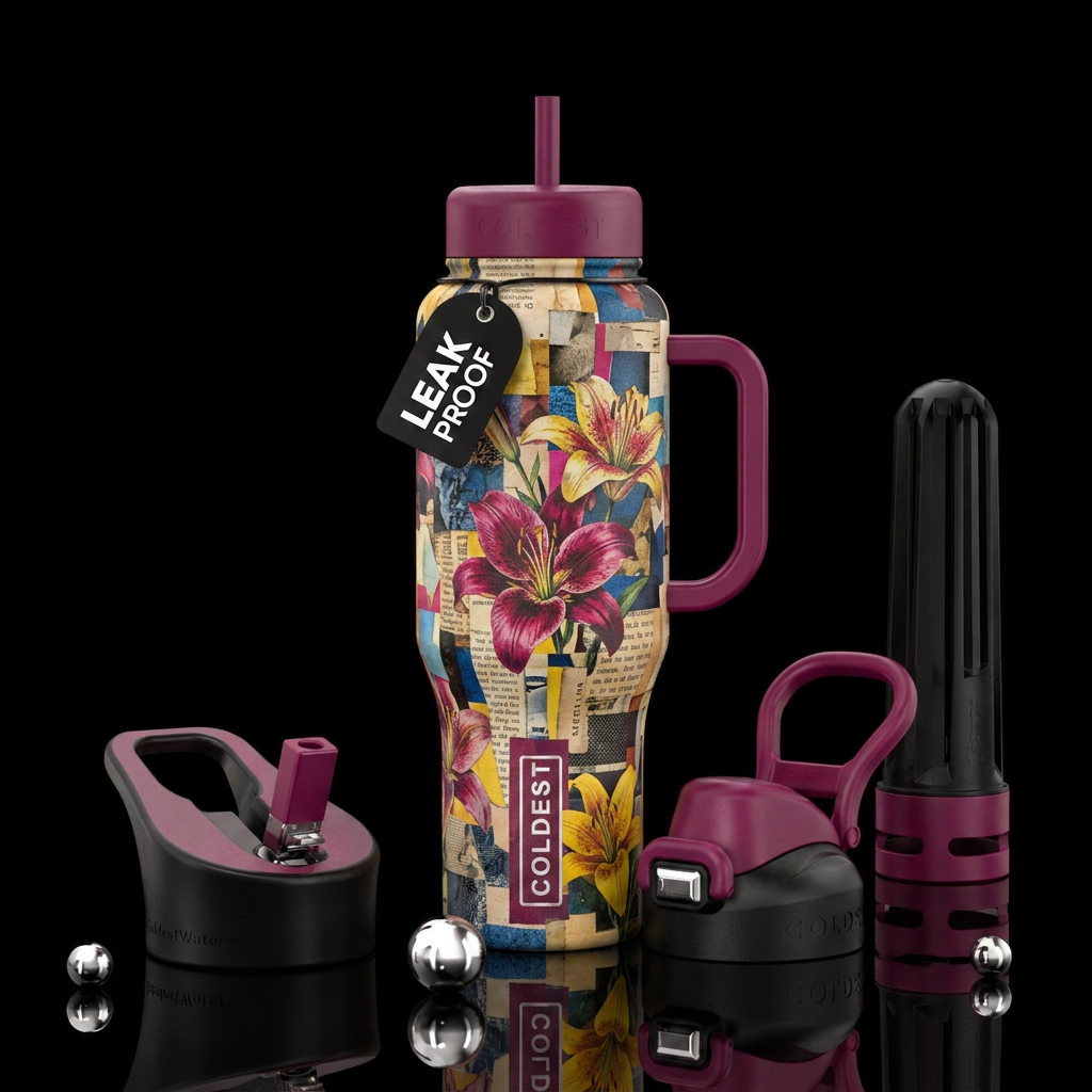 Kurt Schwitters style collage lilies water bottle design