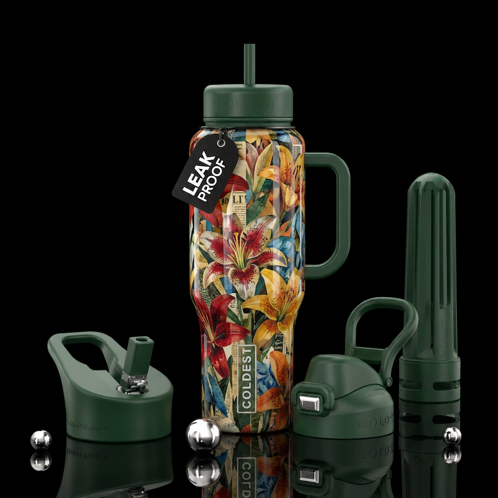 Kurt Schwitters style collage lilies glossy water bottle design