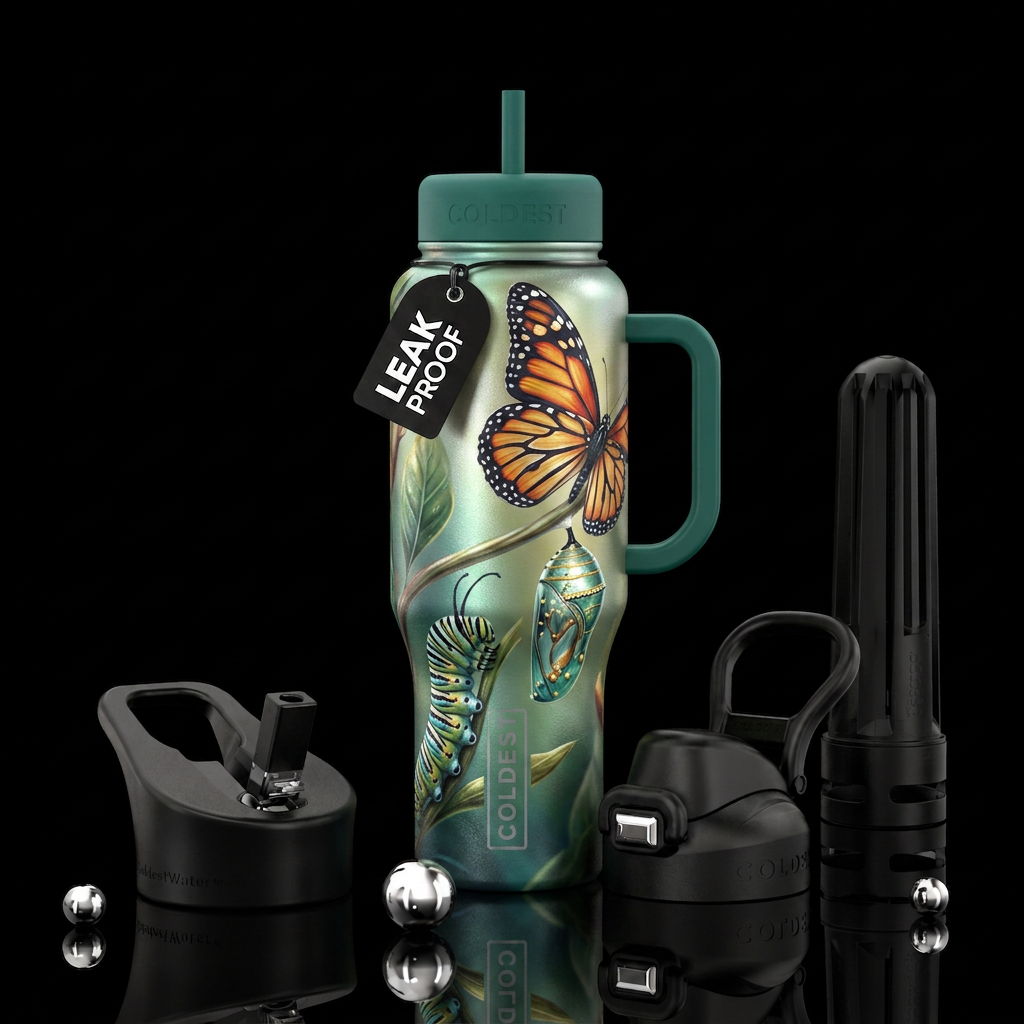 Caterpillar turning into a butterfly water bottle design