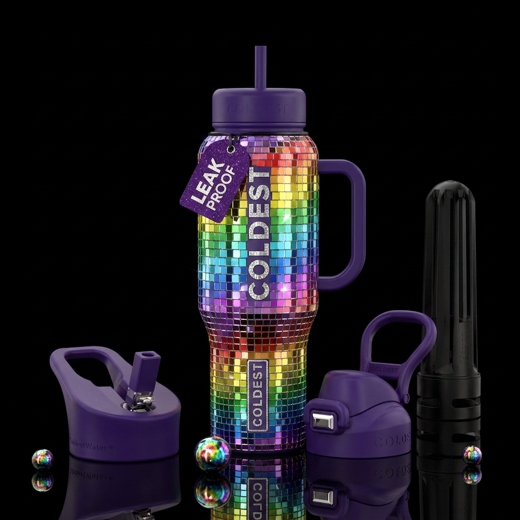 Disco ball mosaic rainbow water bottle design