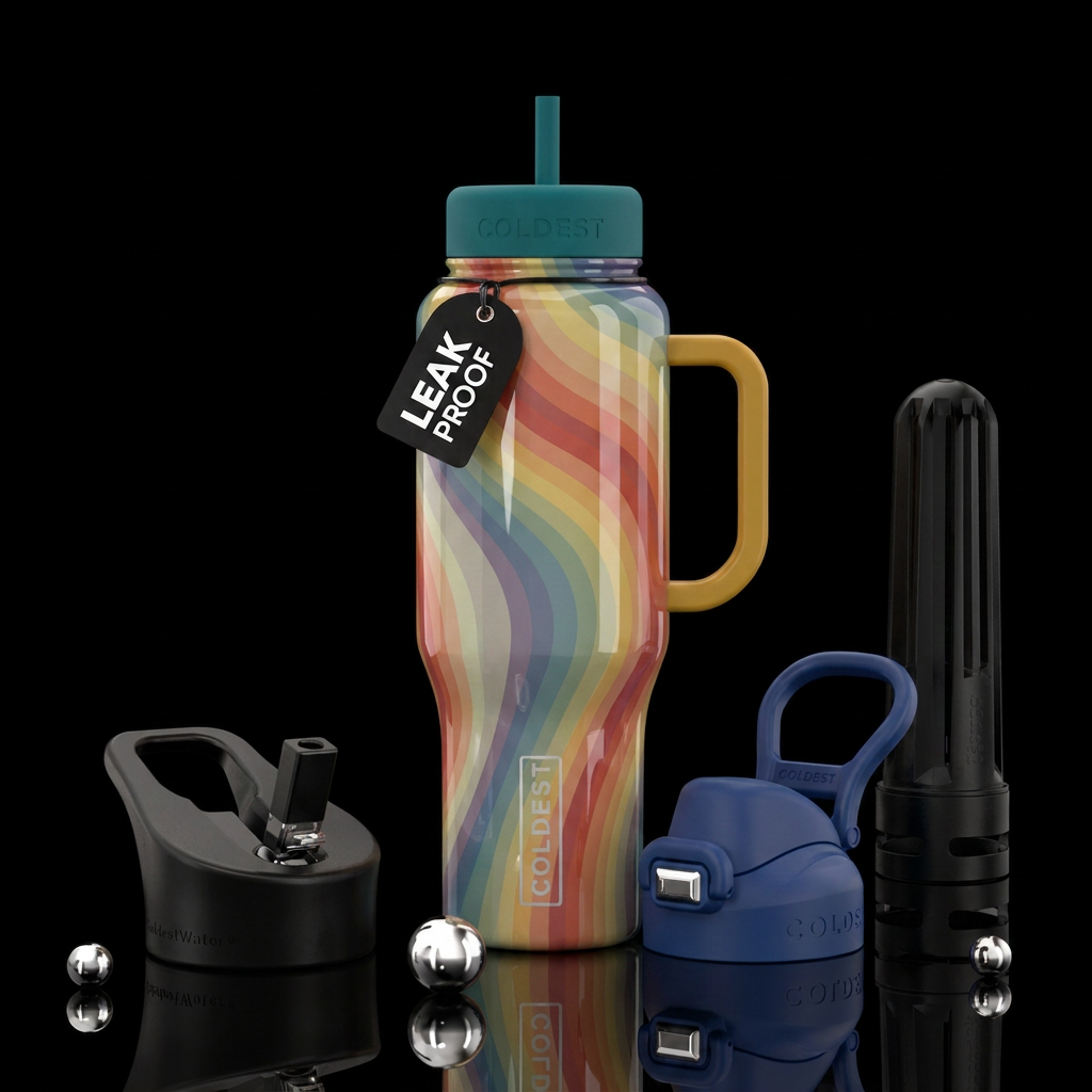 rainbow japandi glossy water bottle design