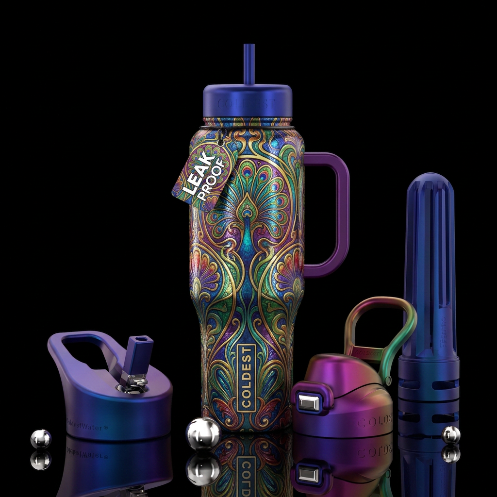 rainbow art nouveau textured glossy water bottle design