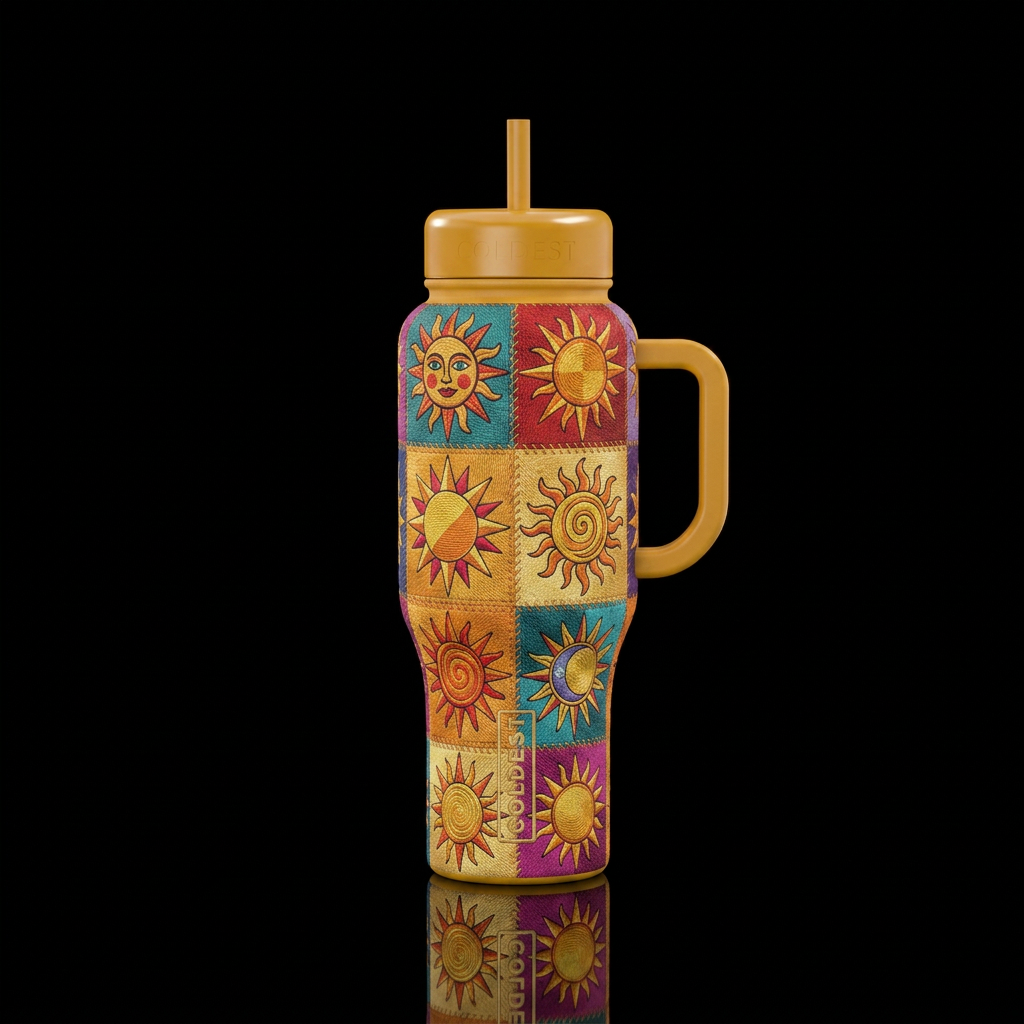 Embroidered sun in a variety of styles in a quilt ... water bottle design
