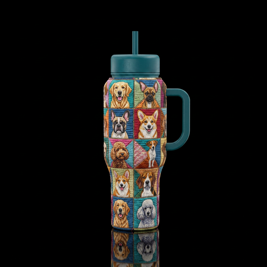 Embroidered variety of dogs in quilt pattern water bottle design