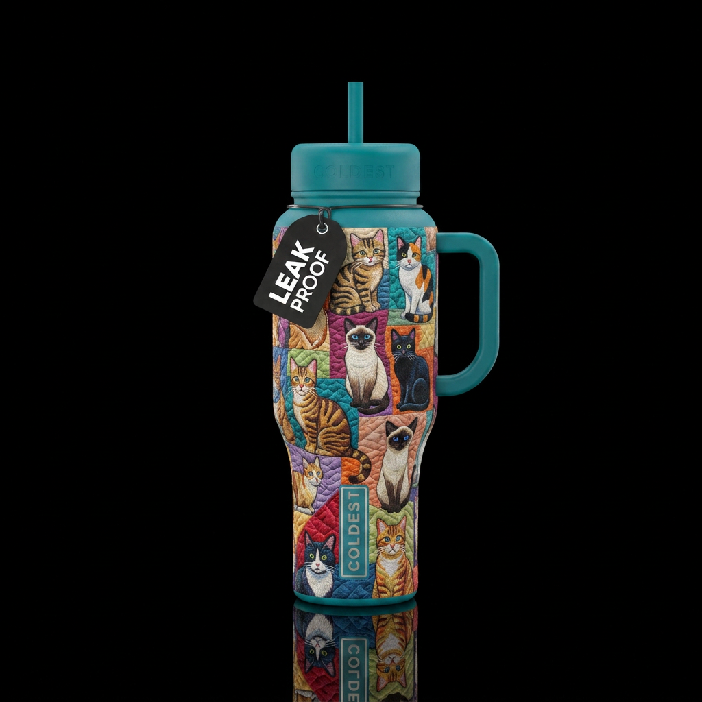 Embroidered cats in a variety of colors in a quilt... water bottle design