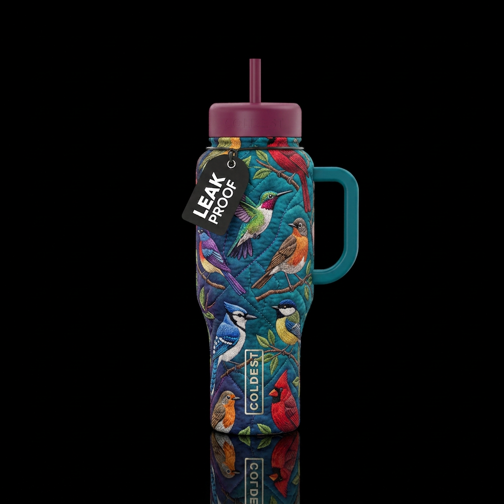 Embroidered birds in a quilt pattern water bottle design
