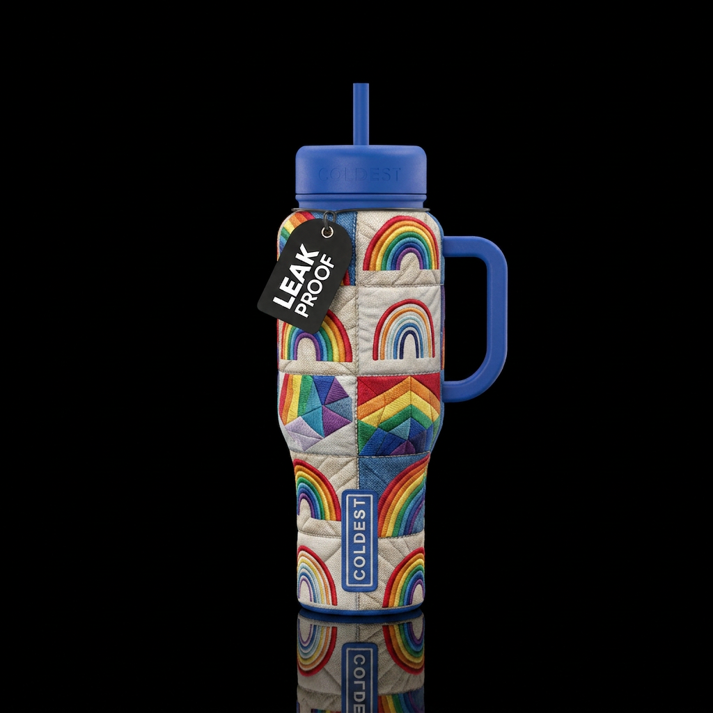 Embroidered rainbows in a variety of styles in a q... water bottle design