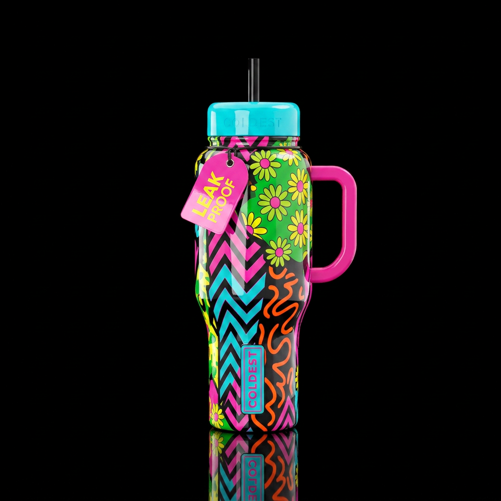 Kitschy campy bright colors glossy water bottle design