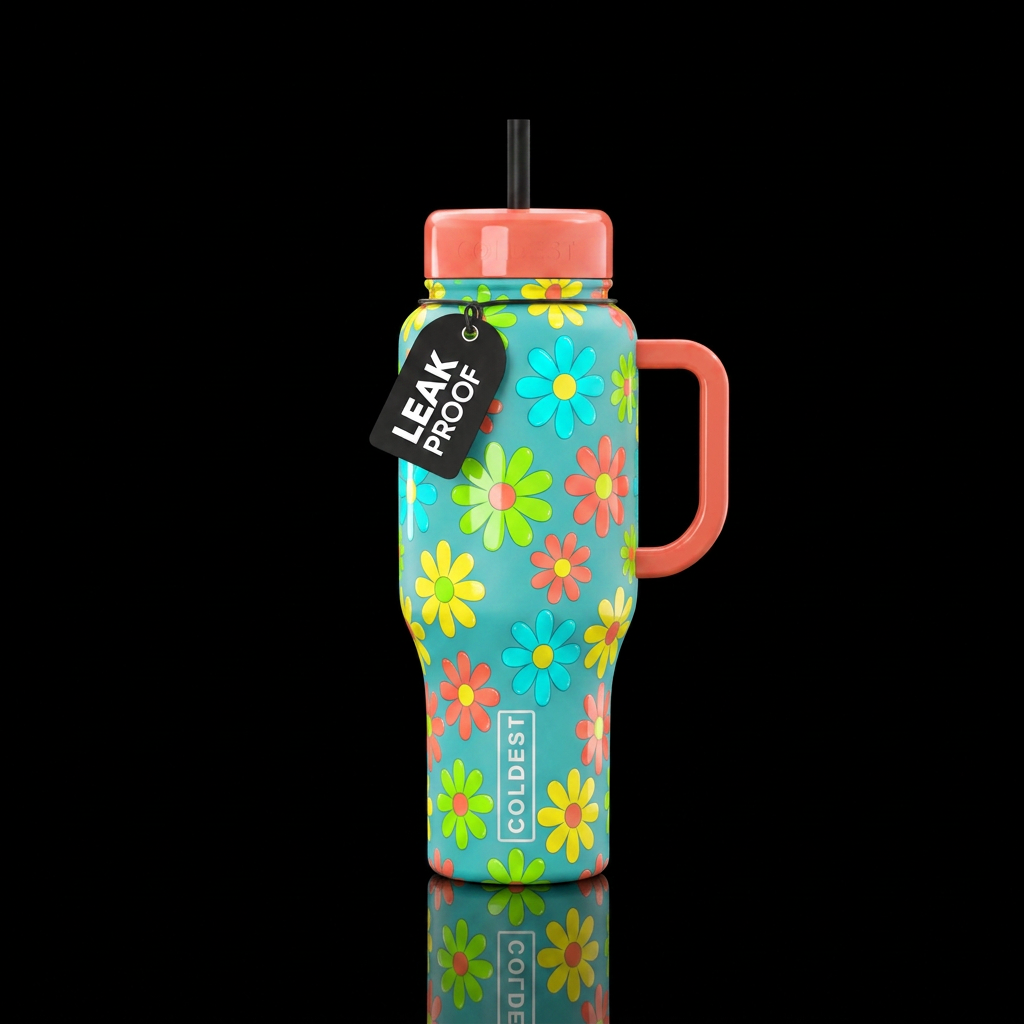 Kitschy campy bright colors glossy daisies water bottle design