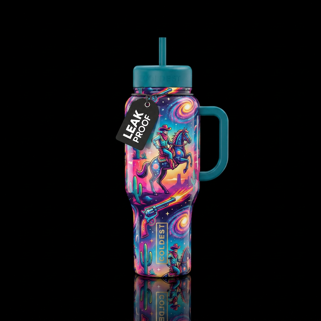 Kitschy campy bright colors glossy space cowboy water bottle design