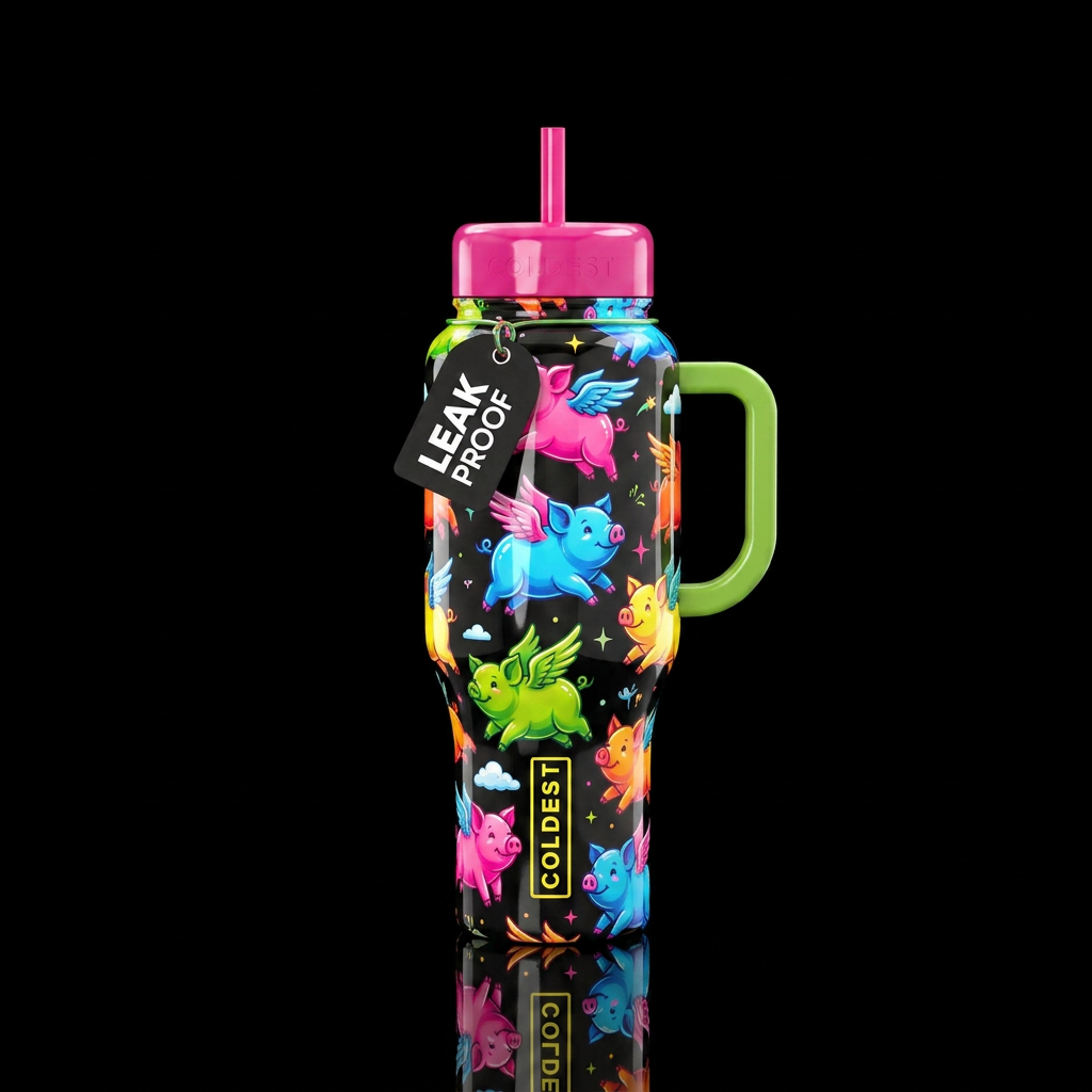 Kitschy campy bright colors glossy flying pigs water bottle design