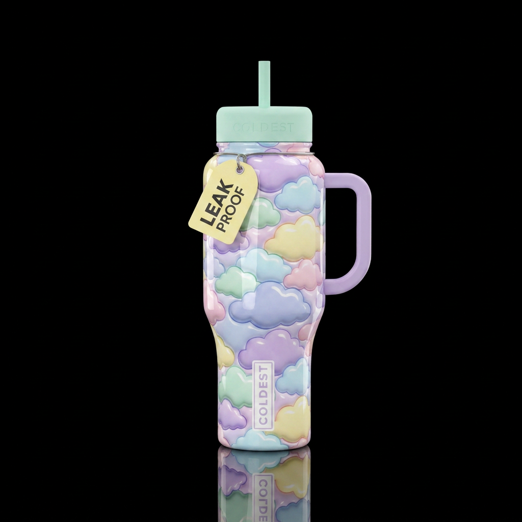 Kitschy campy pastel colors glossy clouds water bottle design