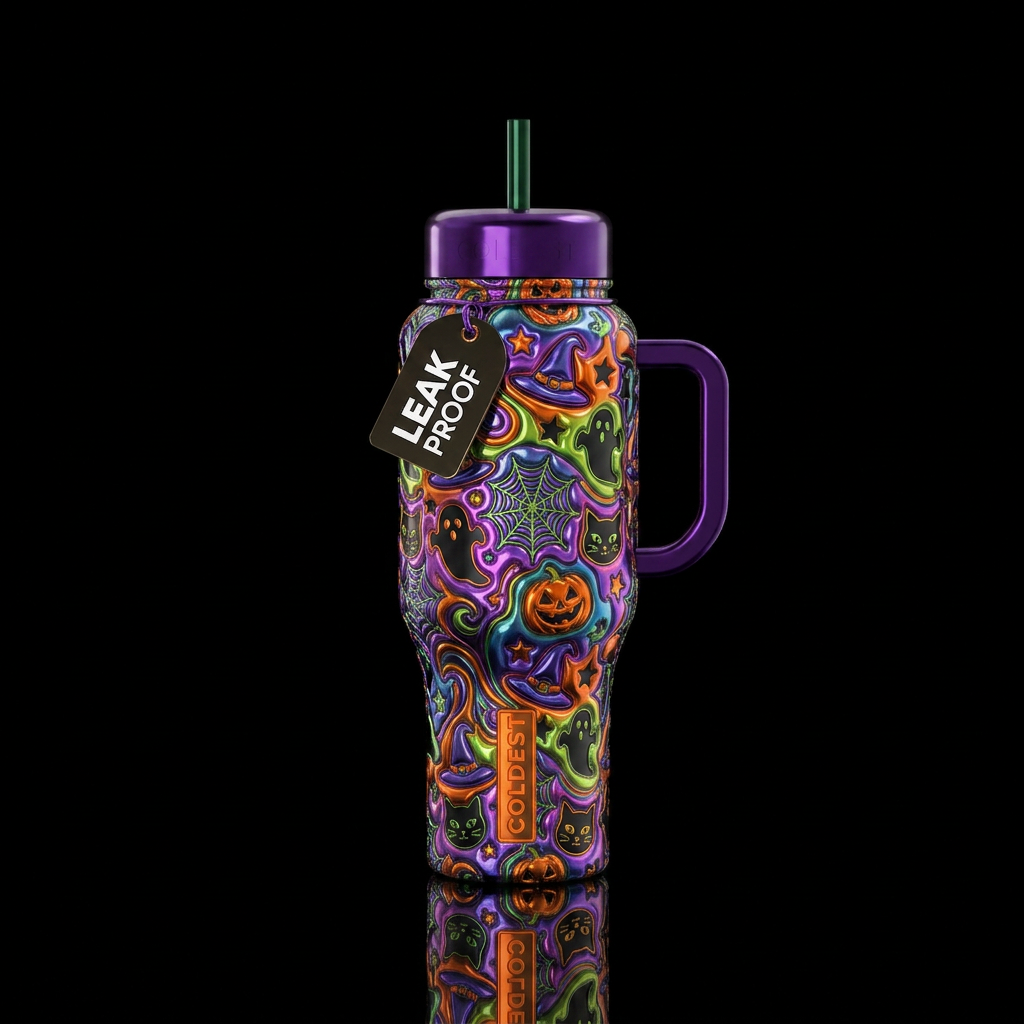 Kitschy bright metallic colors Halloween water bottle design