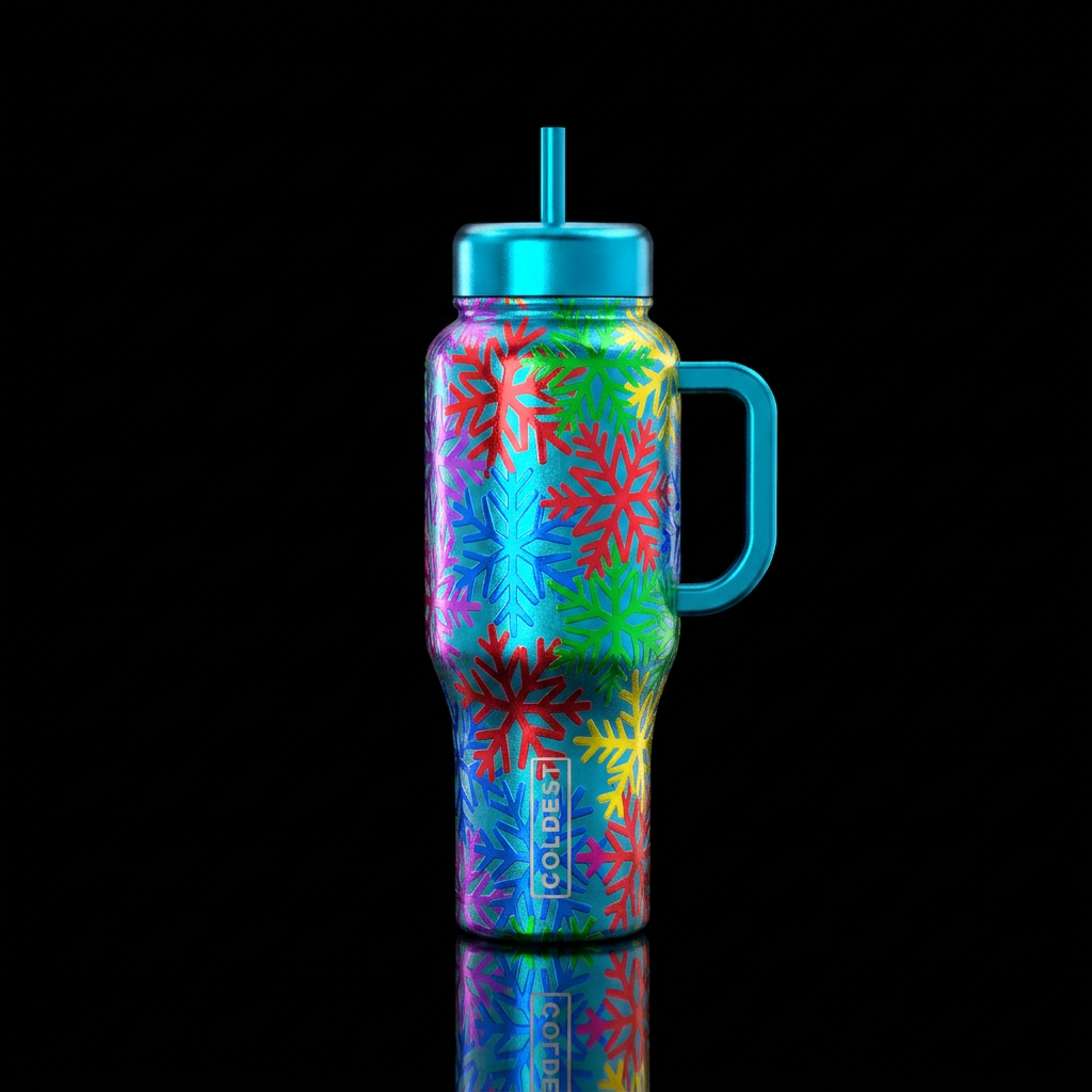 Kitschy bright metallic colors snow flakes water bottle design
