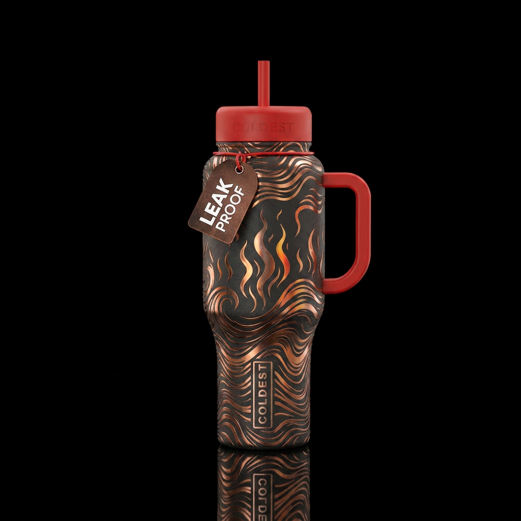 Metallic etched representation of heat waves water bottle design