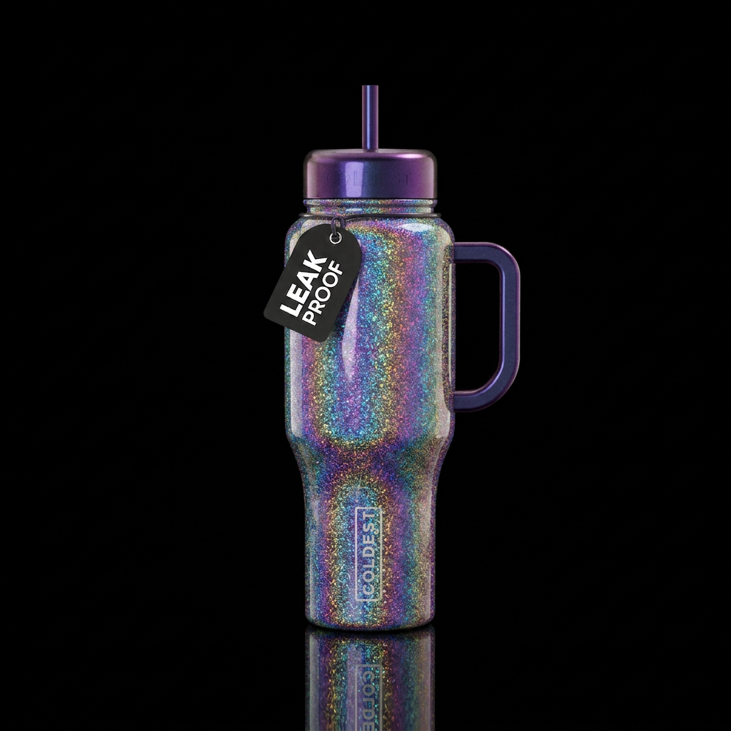 Oil slick glossy glitter water bottle design