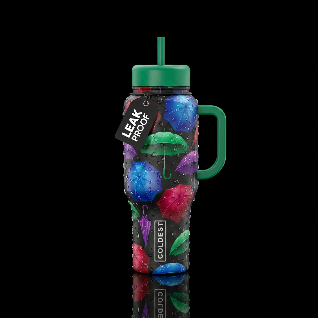 Jewek tone umbrellas Glossy with rain drops water bottle design