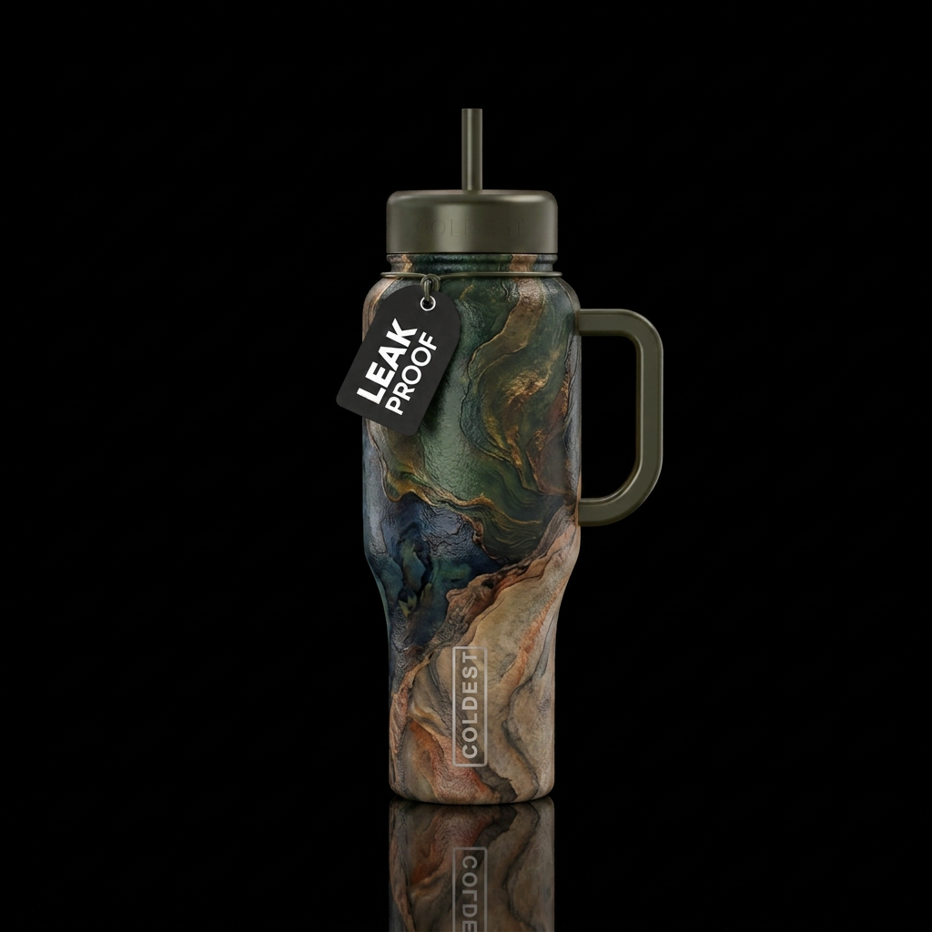 anchor tones spanning deep bronze green, dark blue... water bottle design
