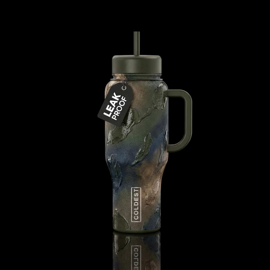 deep bronze green, dark blues, and warm earthy neu... water bottle design