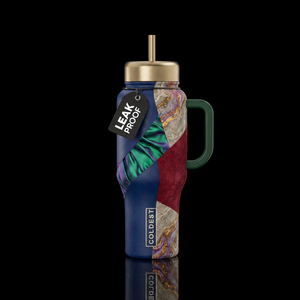 Matte leather, rich silk taffeta, heavy suede, and... water bottle design