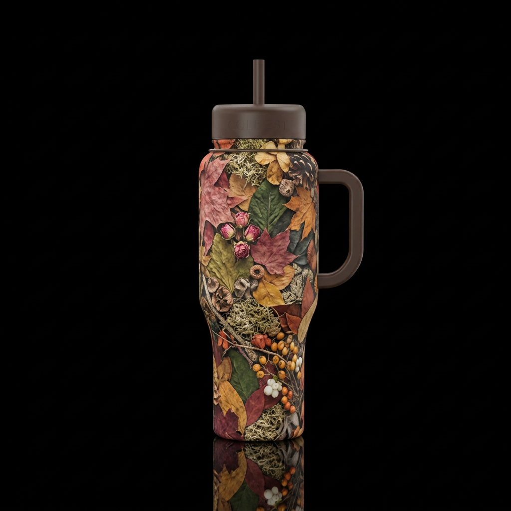 fall natural materials and items in layers overlap... water bottle design