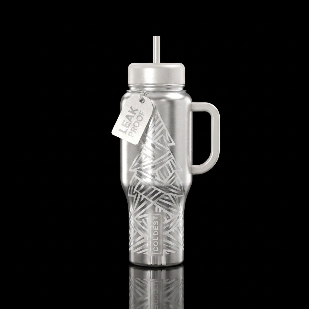 Metallic abstract representation of white tinsel c... water bottle design