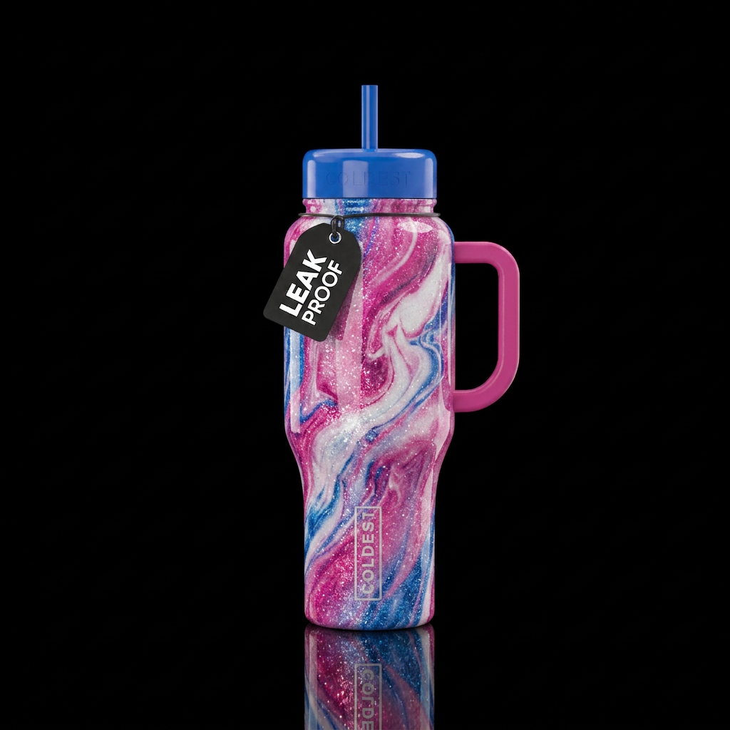 Pink white blue glossy glitter marble water bottle design
