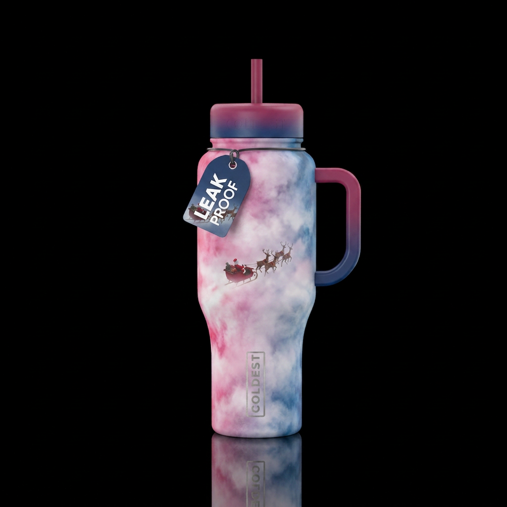 Pink white blue foggy mist with santa in his sled ... water bottle design