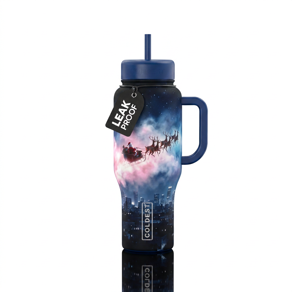 Pink white blue foggy mist with santa in his sled ... water bottle design