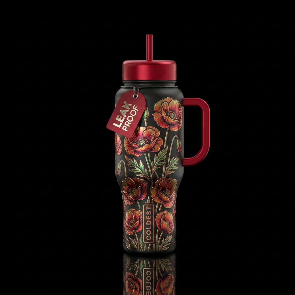 Metallic etched poppy flowers sparkling glossy water bottle design