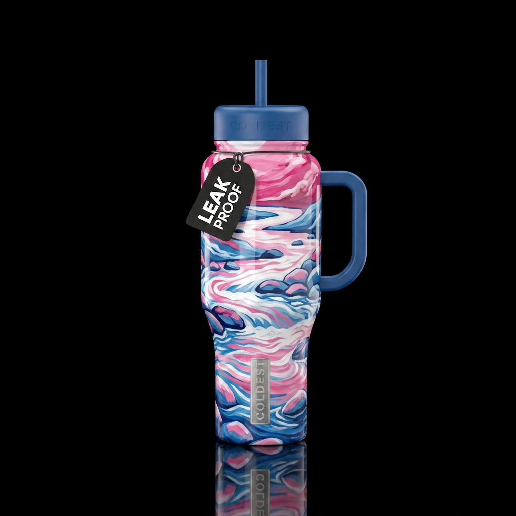 Pink white blue rolling river water bottle design