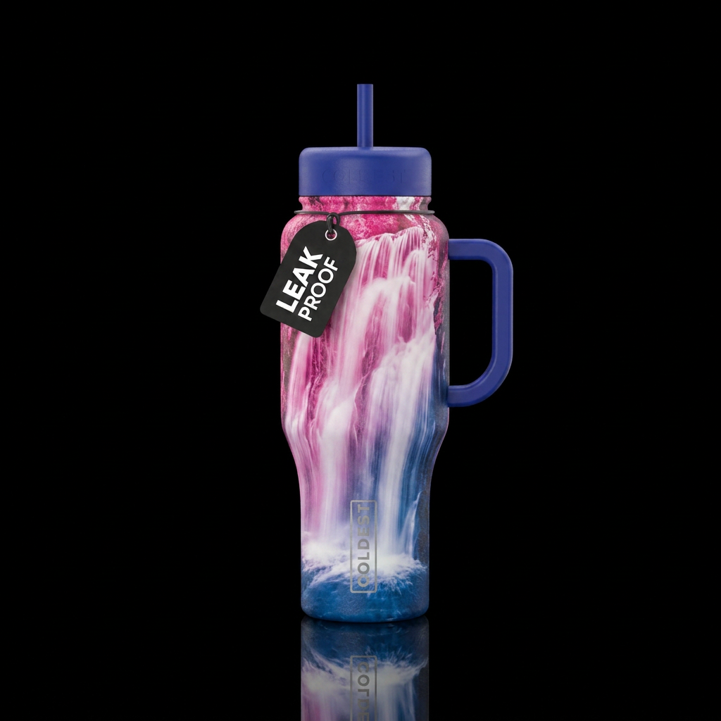 Pink white blue waterfall water bottle design