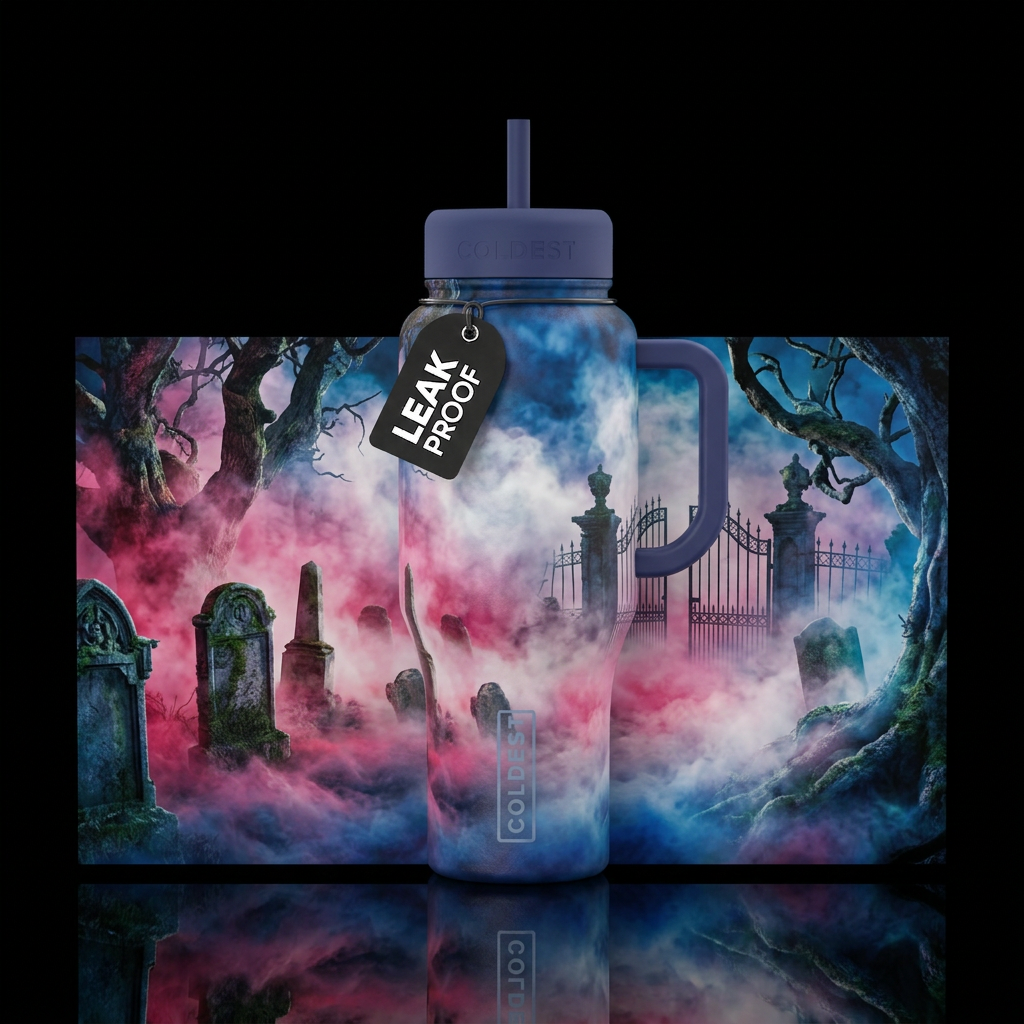 Pink white blue mist moody cemetery water bottle design