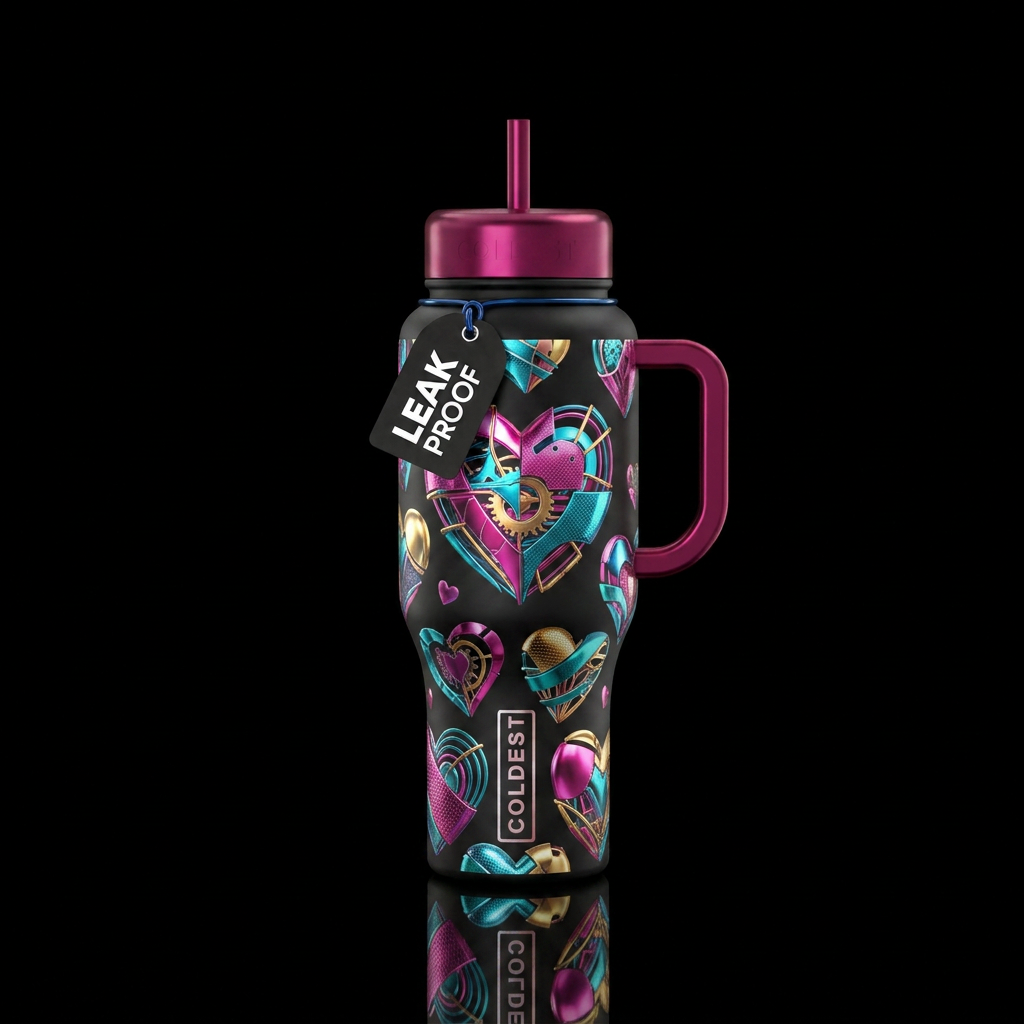 Deconstructed metallic hearts water bottle design