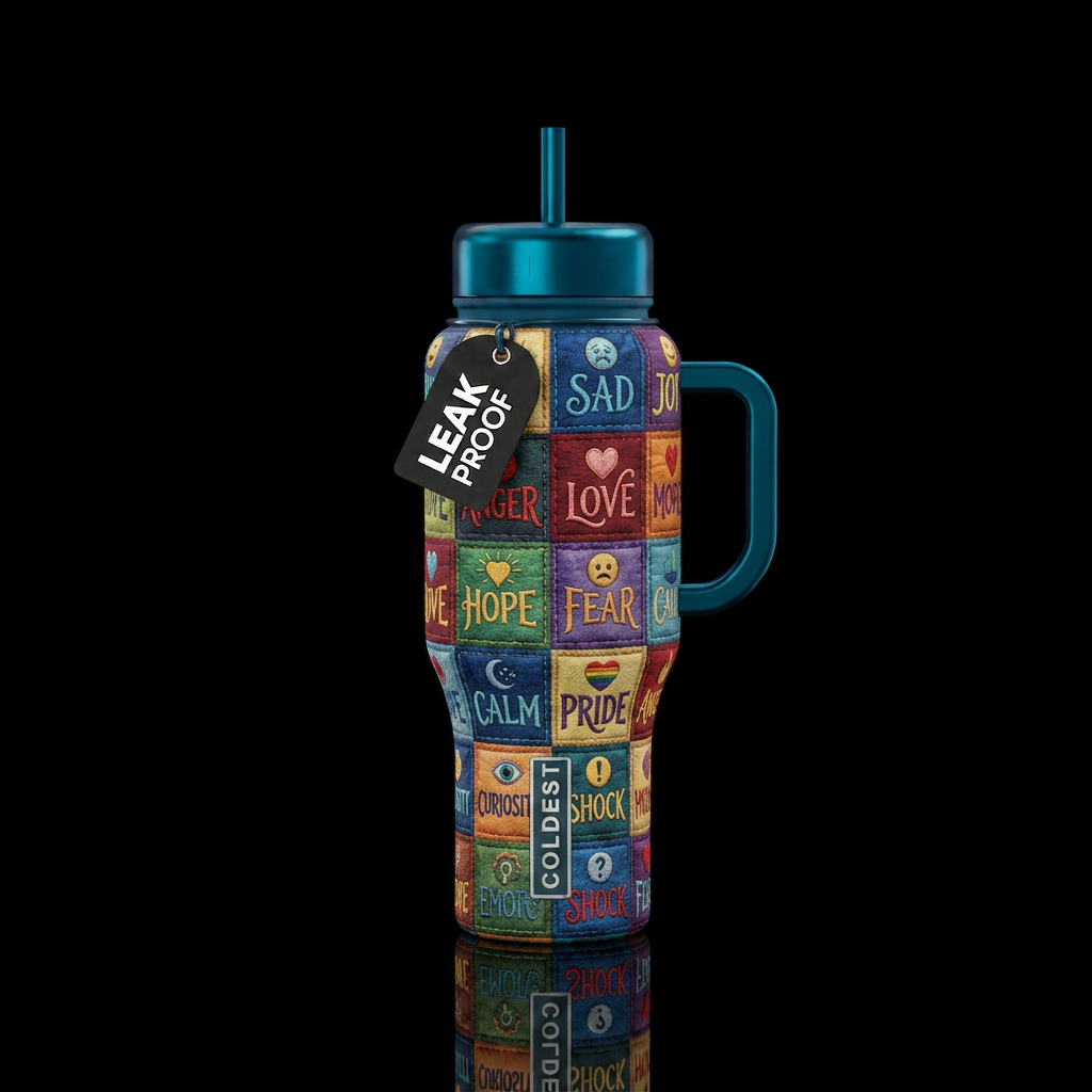 Quilt with individual squares embroidered with dif... water bottle design