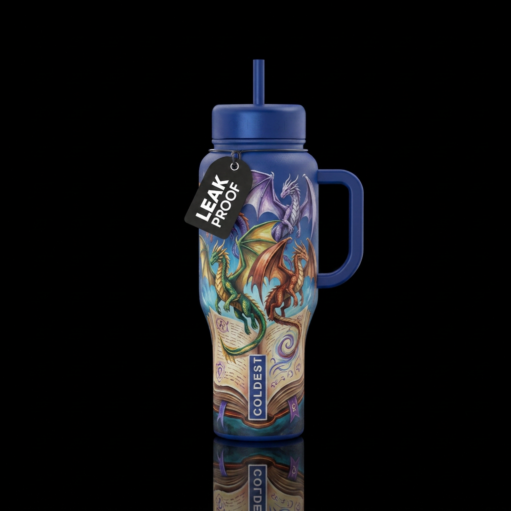 A story book with dragons flying out of it water bottle design