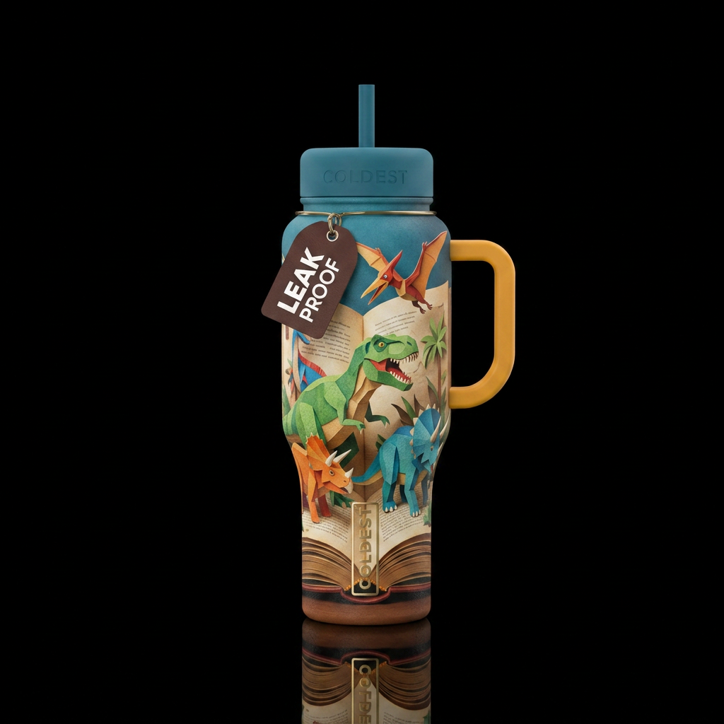 A story book with paper craft dinosaurs flying out... water bottle design