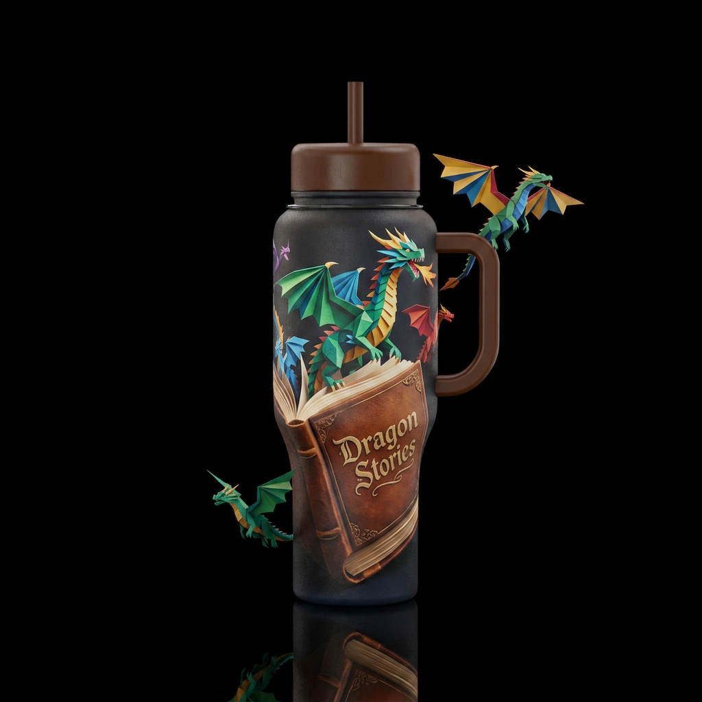 A story book with paper craft dragons flying out o... water bottle design