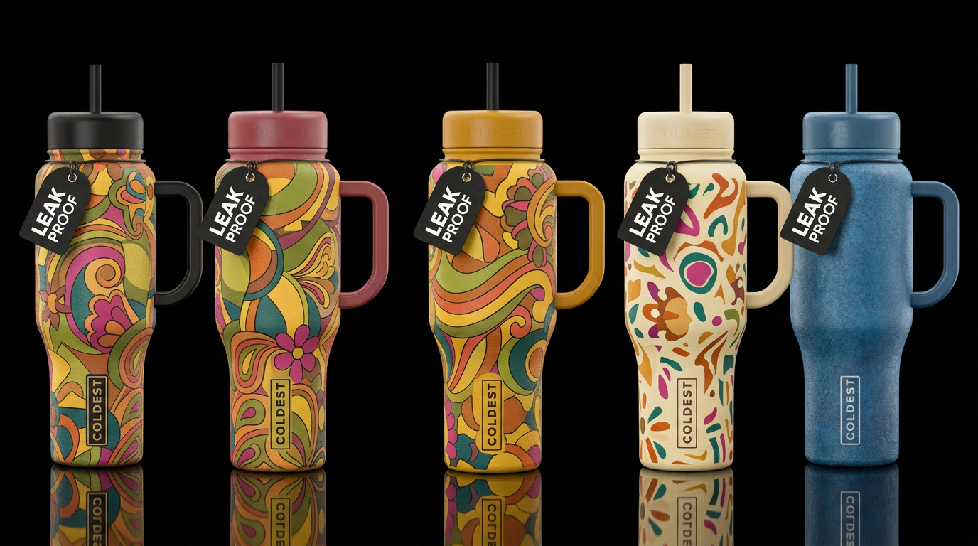 Abstract representation of 1970s vibes matte textu... water bottle design