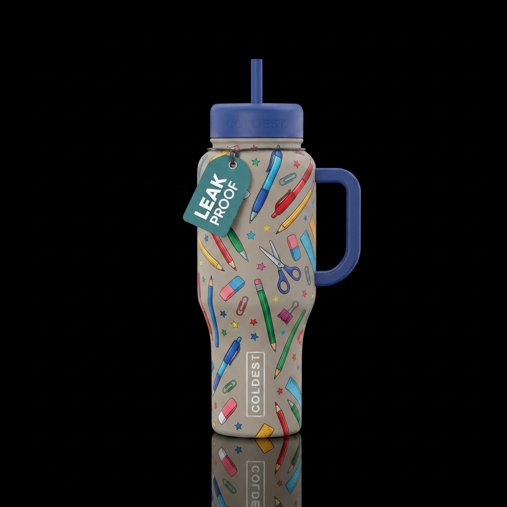 Matte neutral tone background with school supplies... water bottle design