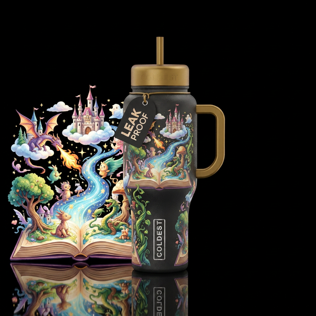 An open book with a fairytale pouring out of it water bottle design