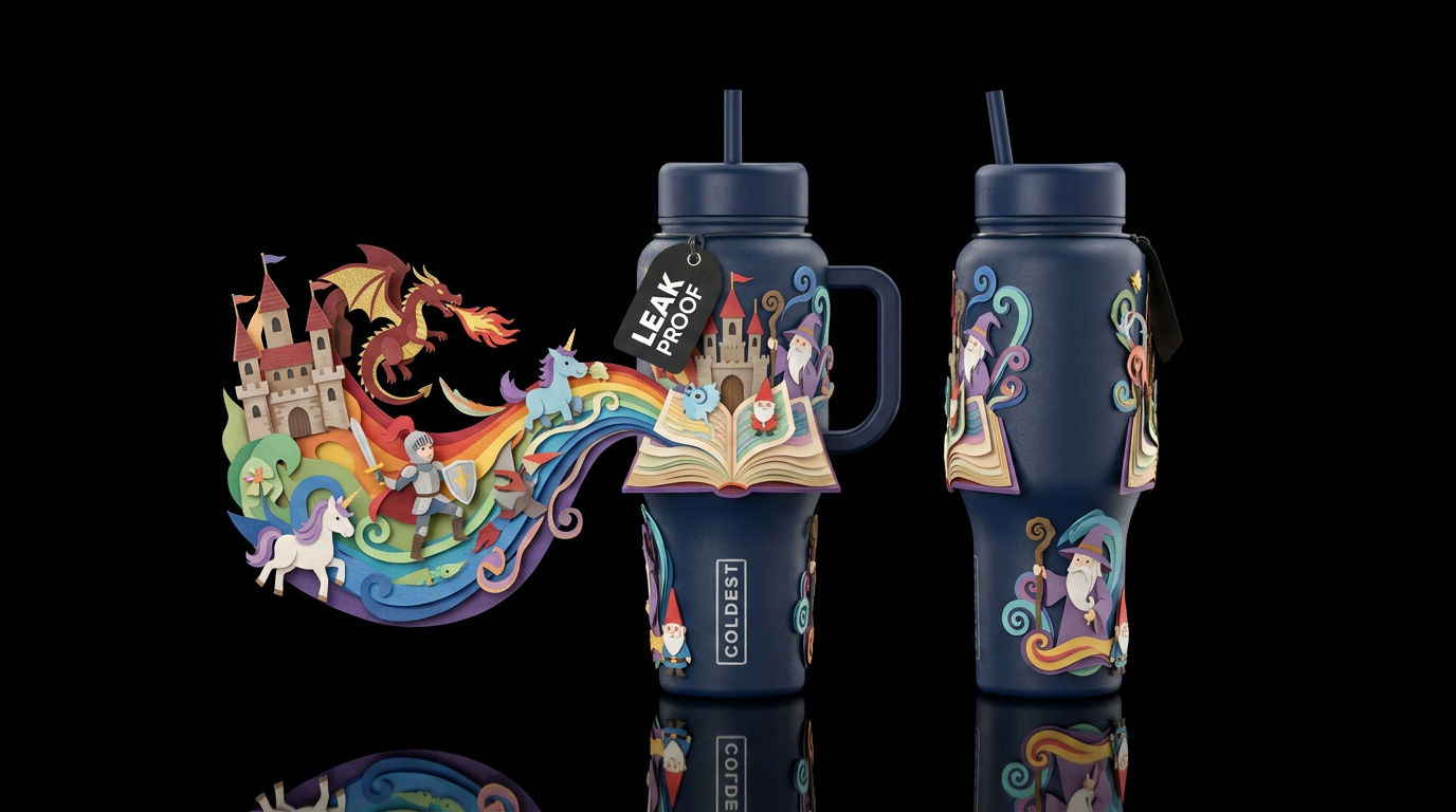 An open book with a fairytale pouring out of it in... water bottle design