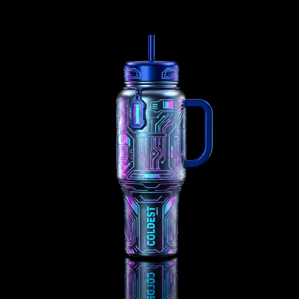 cyber punk sci-fi style metallic etched design water bottle design