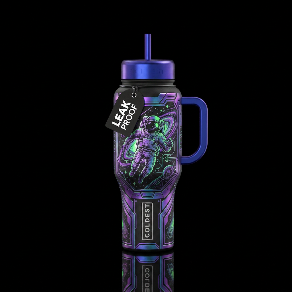 cyber punk sci-fi style metallic etched design flo... water bottle design