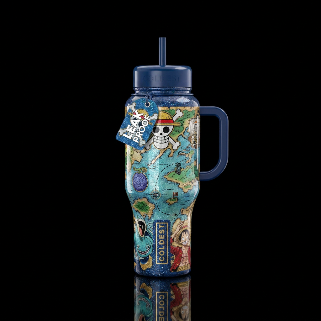 GLOSSY GLITTER world drawn in the style of one pie... water bottle design
