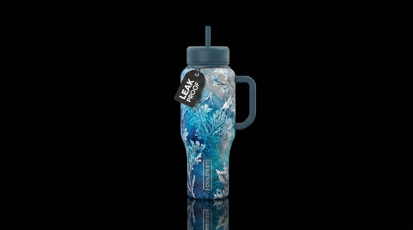 winter scene with rime frost water bottle design