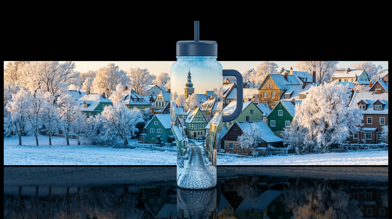 winter scene gazing across a quaint town with rime... water bottle design