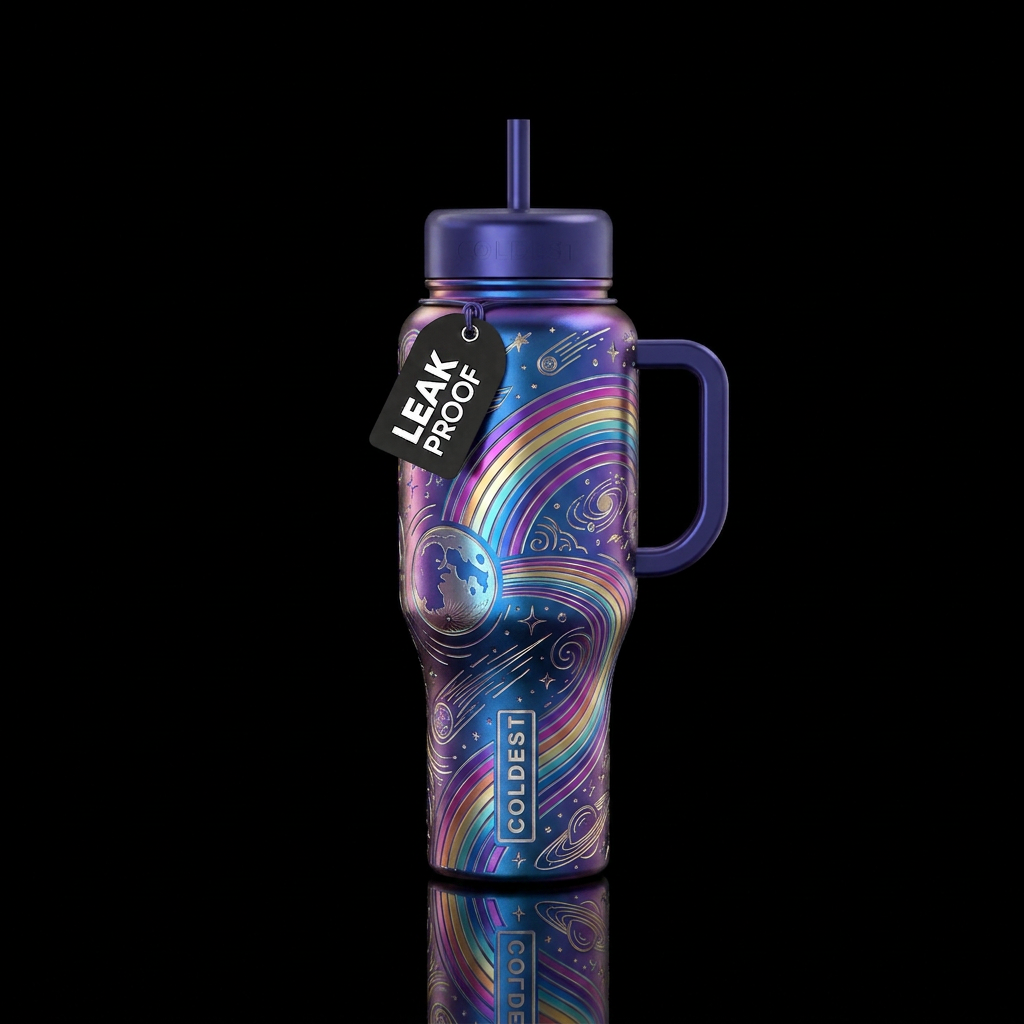 Metallic etched Moonbow water bottle design