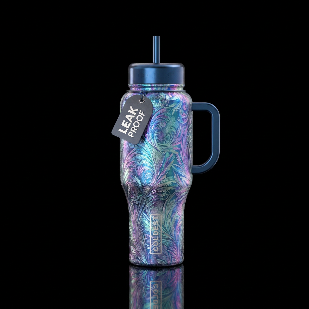 Metallic etched rime frost water bottle design