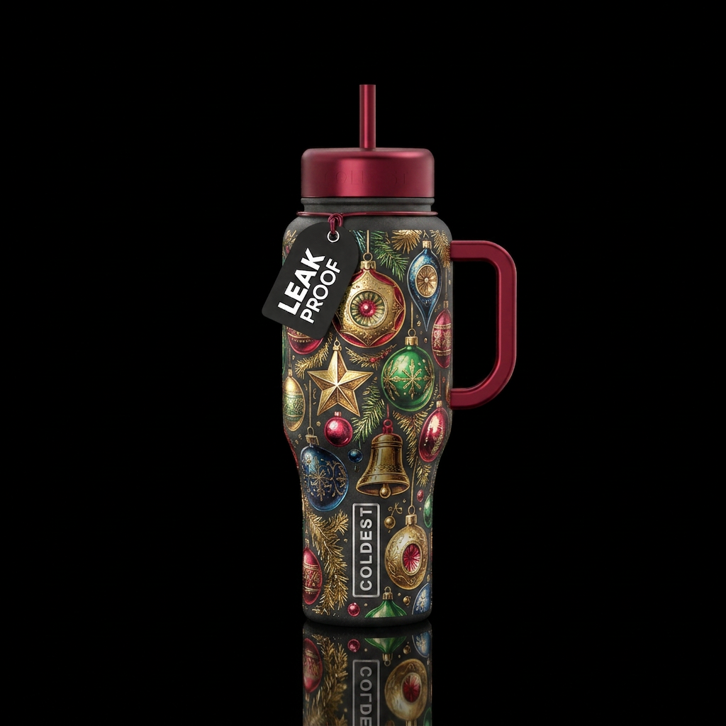 Metallic etched vintage christmas ornaments water bottle design